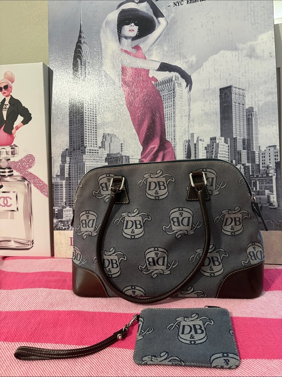 Dooney & Bourke Handbags - Dooney & Bourke denim blue Logo Satchel with Brown Trim and Matching Wristlet